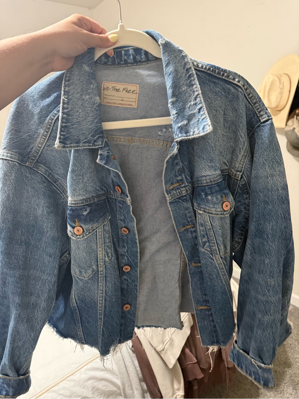 Free People Distressed Light-Mid Blue Denim Jacket